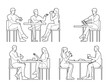 © SR - set of people dining side view drawings outline architectural, group of friends eating and talking in restaurant concept. black minimalist line art illustration for architectural elevation, section.