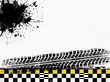 © Olesya - Abstract grunge background with tire tracks, paint splashes and geometric pattern, black white and yellow urban design, dynamic motion texture, street style graphic backdrop