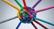 © tonstock - Many colorful ropes tied together in a complex knot representing unity, teamwork, and diverse collaboration.