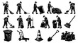 © Imsuniyah - Sanitation Workers and Cleaning Equipment Black and White Vector Illustration Set. Janitors with brooms, shovels, trash cans, sweeper machine, and tools.