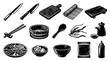 © Imsuniyah - Food Industry: Japanese Sushi Making Tools, Kitchenware, and Ingredients Vector Icons in Black  White Line Art