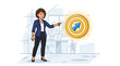 © fahim - Businesswoman pointing at target with arrow goal achievement concept in modern office setting with blue and yellow colors