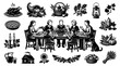 © Imsuniyah - Black and White Engraving Style Thanksgiving  Autumn Harvest Vector Icons Set: Family Dinner, Food Elements