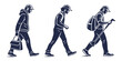 © Bf - Three figures in silhouette walking evolution of attire and equipment silhouette evolution progress development clothing briefcase backpack activity