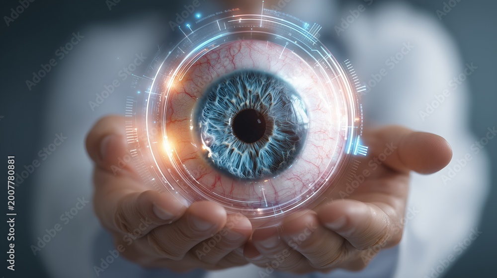 Allogram Vision Human eye anatomy hologram displayed on hands of doctor with focus on ...