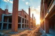 © miss irine - Brick building under construction, concrete pillars and rebar visible. Evening sun flares on site, dirt path, urban development project in progress. Building facade work happening now.