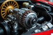 © miss irine - Automotive car alternator and belts detailed close-up. Mechanical engine part, complex auto motor system in workshop. Power generation, vehicle components and repair.