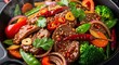 © Abir - Sizzling beef stir fry with vibrant vegetables and red chili peppers in a black wok.