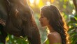 © ruangrit19 - A young woman connects with a majestic elephant in a lush tropical forest setting during the warm golden hour for a peaceful wildlife moment.