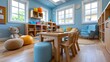 © www.freund-foto.de - Helles, freundlich eingerichtetes Kinderzimmer oder Klassenzimmer mit Holzmöbeln, bunten Sitzkissen und Spielzeug.