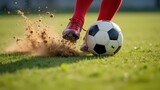 low angle soccer kick with red sock foot striking ball dirt and grass flying action shot