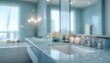 © Andrii - Soothing Blue Tones And Luxurious Fixtures In A Contemporary Bathroom, Creating A Serene Spa-Like Atmosphere For Relaxation. Elegant Amenities Included.
