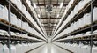 © EthnoVibe Studio - Massive Warehouse Interior with Rows of Tall Shelving Units Filled with Large White Sacks of Goods
