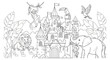 © Masuk Sat - Lion, monkey, elephant, toucan, and parrot gather around a majestic medieval castle surrounded by tropical foliage, forming an enchanting illustration designed for a creative children's coloring.