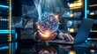 © Nuraya - Businessman holding digital network globe with holographic financial charts and global data visualization over laptop