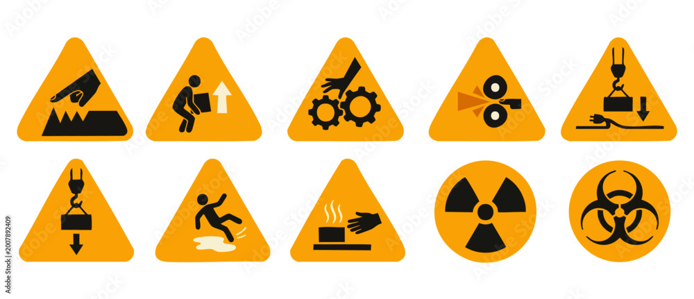 Industrial Safety Signs Set, Hazard Warning Labels and Workplace ...