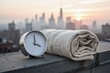 © starush - Alarm clock and folded blanket on rooftop at sunrise with city skyline
