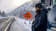 © ahmat - A concerned driver faces an unexpected 'Road Closed' sign on a treacherous, snow-covered mountain road, highlighting the severe disruptions of winter travel