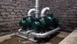 © DigitalSpace - Medium shot captures a duplex water pump package with twin factoryaligned pumps mounted on a shared baseplate highlighting compact industrial setup and piping connections.