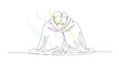 © Sanot - Continuous line drawing of two people huddled together under a large blanket representing comfort warmth intimacy and deep connection.