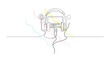 © Sanot - Minimalist one line drawing of over ear headphones with various earbuds and wired connections over abstract pastel color paint splashes.