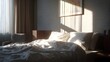 © SVGCuteShop - sunlit bed with white linens in a bright and airy bedroom interior