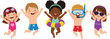 © Shabita - Happy kids in swimwear vector illustration with children jumping and enjoying summer beach vacation fun