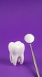 © Phetthanousack - A clean white anatomical tooth model sits next to a professional stainless steel dental mirror on a vibrant solid purple background surface, care, molar, odontology