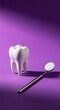 © Phetthanousack - A clean white anatomical tooth model sits next to a professional stainless steel dental mirror on a vibrant solid purple background surface, shiny, dentistry, background