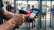 © Stitch - Security staff scanning a digital ticket qr code on a smartphone screen at a stadium entrance gate