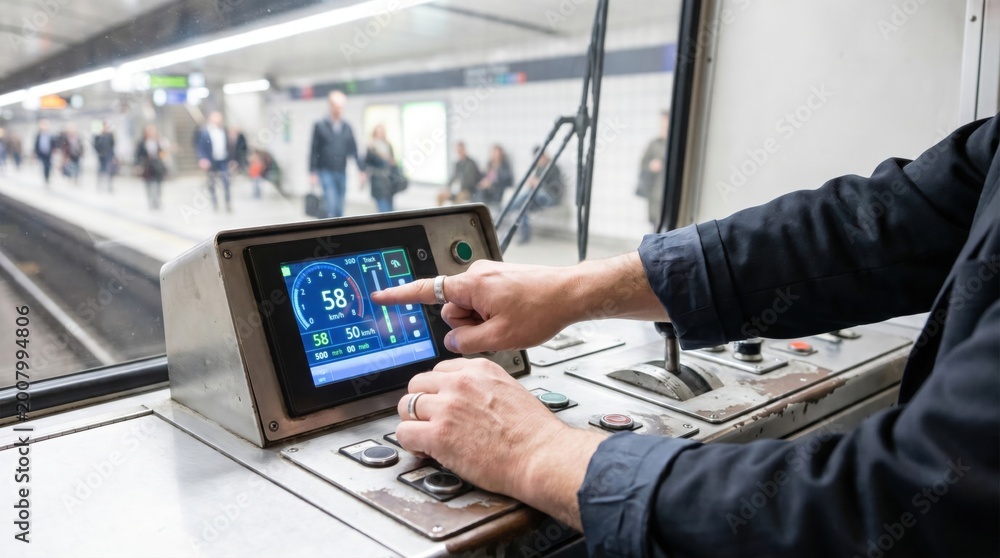 Train operator pointing to a digital touchscreen speedometer on the ...