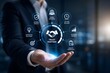 © emwe studio - Trusted partner ecosystem concept. Business growth and quality assurance strategy. Businessman holding digital trust network interface with service and innovation icons.