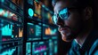 © ThisDesign - Digital marketing specialist analyzing SEO data on multiple screens; neon reflections, modern office. generative ai