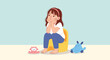 © Rafin - Little girl sitting on a yellow potty chair in deep thought with a thoughtful expression and toys on the floor against a light blue wall.