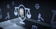 © sh99 - Legal compliance and shipping warning concept represented by a virtual scale and a package icon with an alert symbol projected over a laptop keyboard background.
