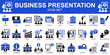 © Taliax - Business presentation icon set vector for corporate meetings. Ideal for symbolizing smart office pitches, clean data charts, and professional speakers.