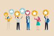 © BasobiBala - people holding social media feedback icons flat vector illustration