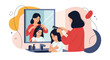 © Md - Mother using a comb to fix her young daughter's hair in front of a mirror while the child looks unhappy or reluctant in the bathroom.