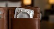 © PixelPulse AI - Condom in silver foil wrapper inside brown leather wallet, safe sex and contraception concept, male sexual health and protection in hotel room