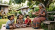 © Yuli - An elderly Indian woman in a sari sits on a wooden bench outdoors, animatedly telling a story to a group of attentive children sitting on a mat in a village