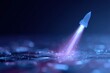 © Firadoaw - holographic rocket launch concept above digital workspace representing startup innovation and entrepreneurial growth