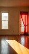 © Gedang - Sunlit Room Interior with Window and Red Curtain.