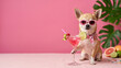 © Koko Art Studio - Cool Chihuahua dog wearing sunglasses holding cocktail drink, summer party concept, pastel background with copy space, fashionable creative pet design