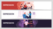 © Fahad - Set of horizontal banners depicting different scenarios of depression including isolation at work and seeking professional help at a bar.