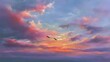 © Vina - Vibrant painted sunset sky fills the horizon with colorful clouds and silhouettes of flying birds.