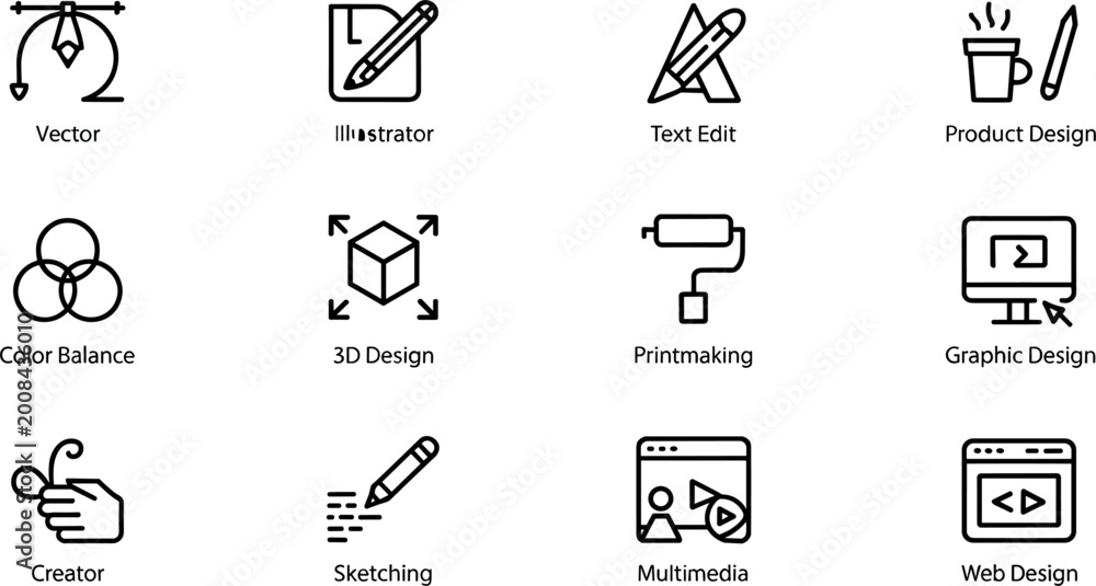 Creative Design Services Icon Set with Vector, Illustration, Text Edit ...