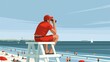 © Hoolity - Lifeguard in red uniform watches beachgoers and sailboats from a high chair on a sunny day by the ocean.