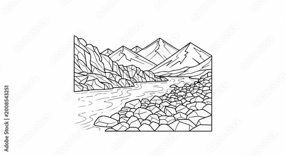 Black and white line art of a river flowing through a rocky mountain ...