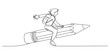 © Graphics Art - Student with backpack riding a big pencil in one continuous line drawing