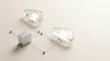 © Giggles - Minimal hybrid cloud orchestration floor map with transparent glass cloud volumes local server block silver node lines and warm copy space for technology banner